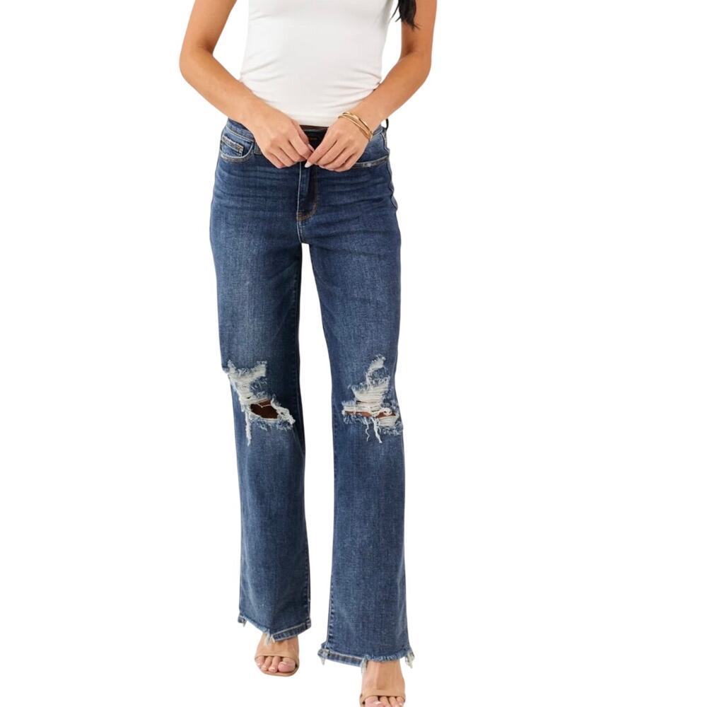 JUDY BLUE Dark High Waist 90's Knee Destroy Straight Dark Denim Jeans Sz 5/27